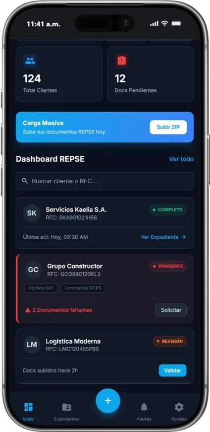 Dashboard de cumplimiento REPSE con estatus por cliente - Kaelia